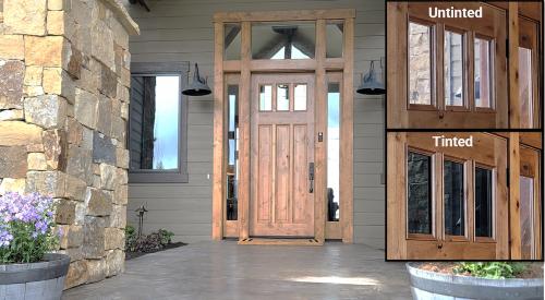 Residential home front porch with electrochromic glass windows
