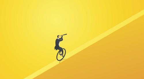 Man riding unicycle looking through a telescope