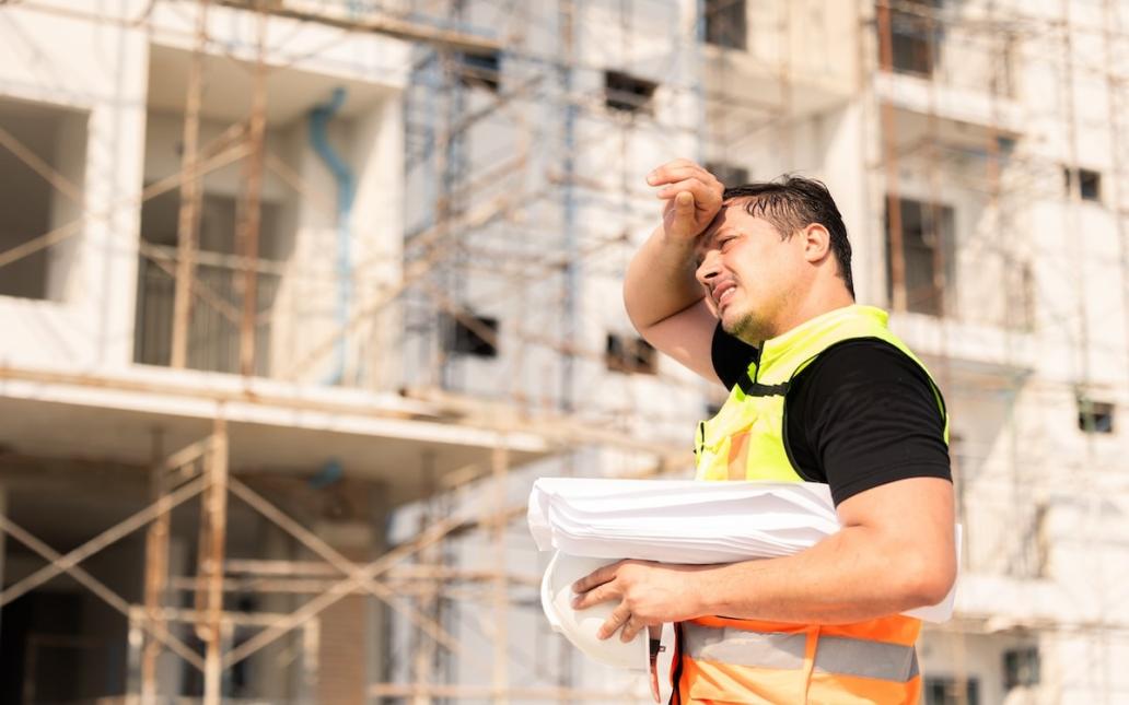 A construction worker stands in the sun wiping sweat from forehead