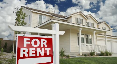 Single-family home with red "For Rent" sign posted in front lawn