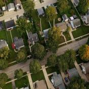 Aerial view of tree-lined suburban street