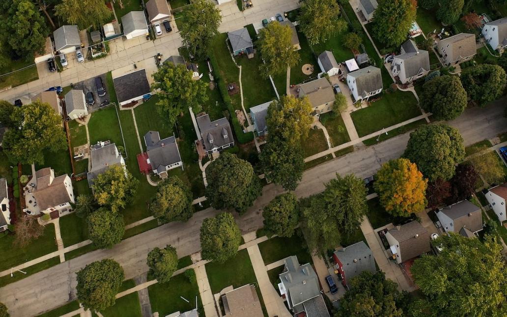 Aerial view of tree-lined suburban street