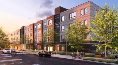 Rendering of mixed-use affordable housing community The Downs in Maine