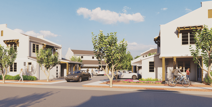 Group of four detached starter homes designed by Dawn Michele Evans