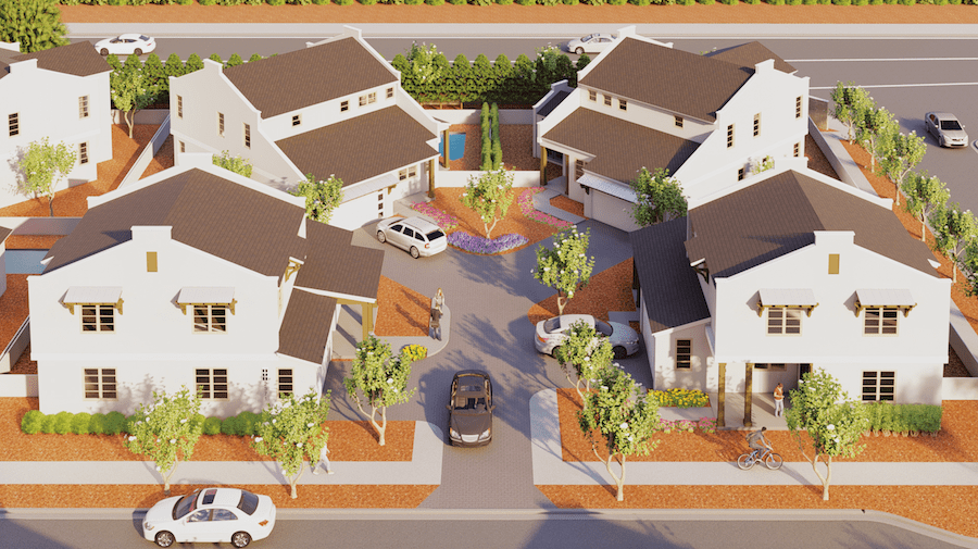 Aerial view of group of four detached starter homes designed by Dawn Michele Evans