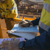 Completing a form on a construction jobsite