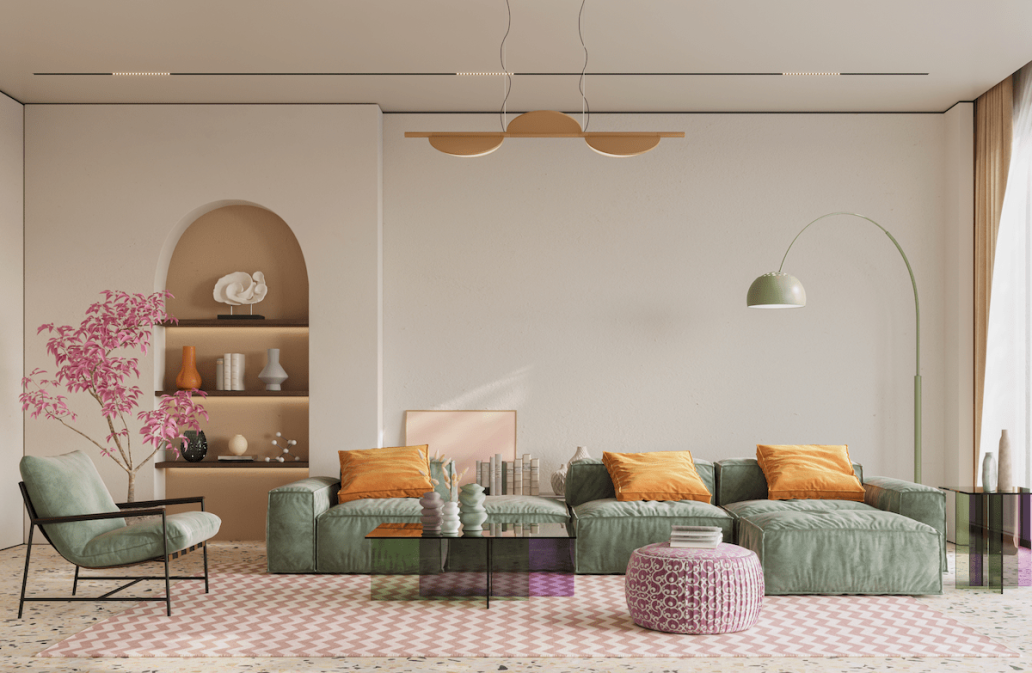 Bright, colorful, and comfortable interior celebrates the personal style of the homeowner