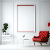 Red highlights on chair and lamp in white room