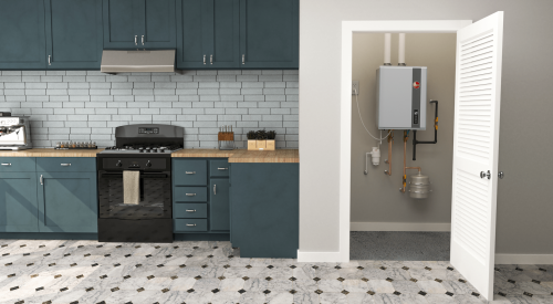 Rheem high-efficiency condensing water heater installed in closet near the kitchen