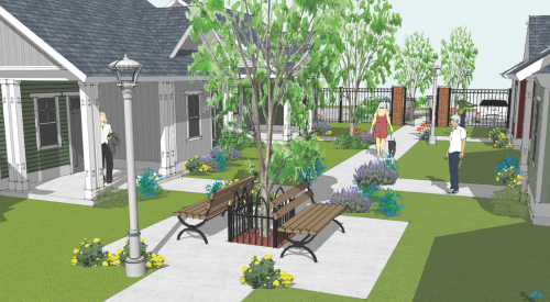 Rendering showing an exterior view of the 55+ Cottages design for single-family build-for-rent homes