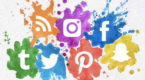 social media icons, including Pinterest, Facebook, Twitter, and more in watercolor